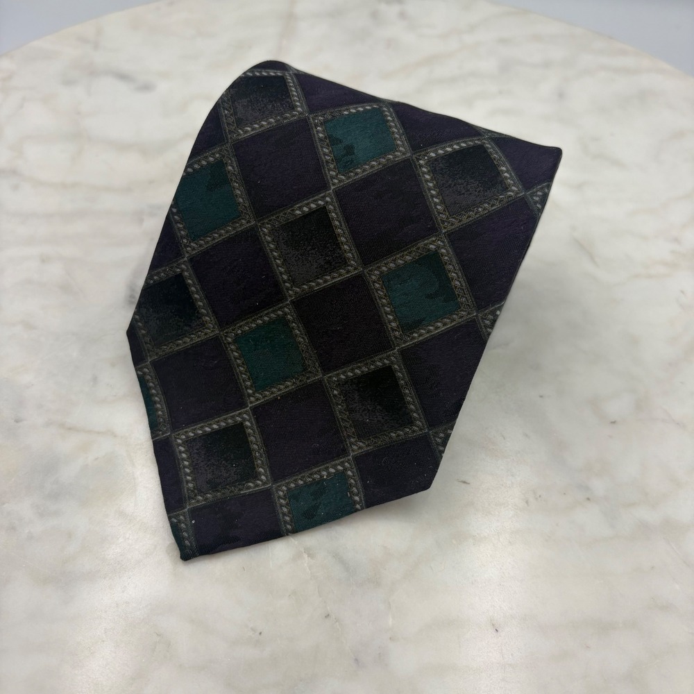 J. Ferrar Necktie Mens Purple Teal Diamond Harlequin Silk Italy 3.75x59" 90s Y2K